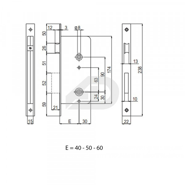 Serratura ad infilare laterale doppia mappa con scrocco SAB 005009050 nichelato