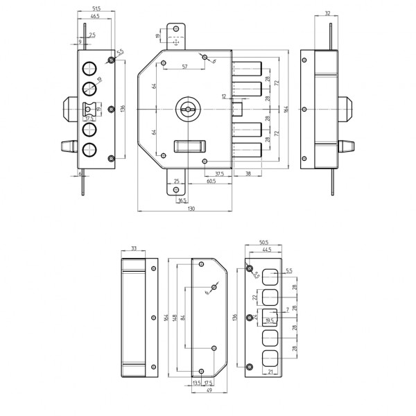 Serratura ad applicare triplice CR Serrature 3250P-02F cilindro a pompa doppia mappa con scrocco