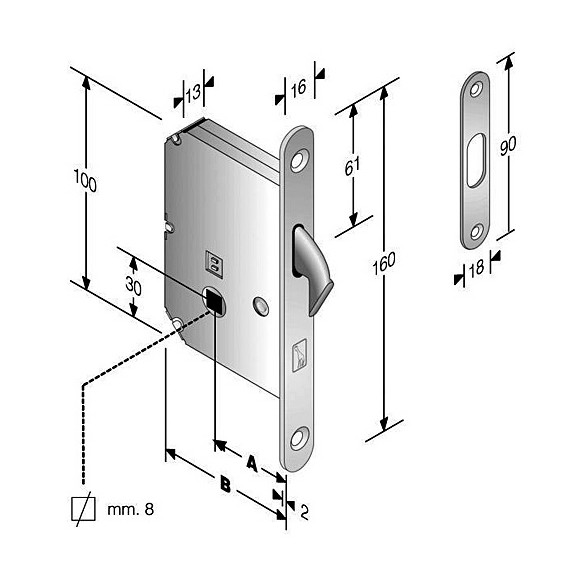 Serratura a gancio - q.8 s/61 cromo sat. rev. e.50