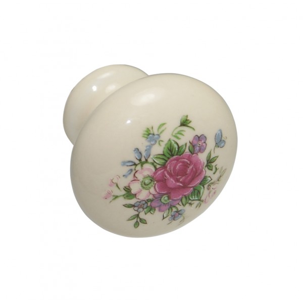 Pomolo d. 36 mm porcellana avorio fiore rosa
