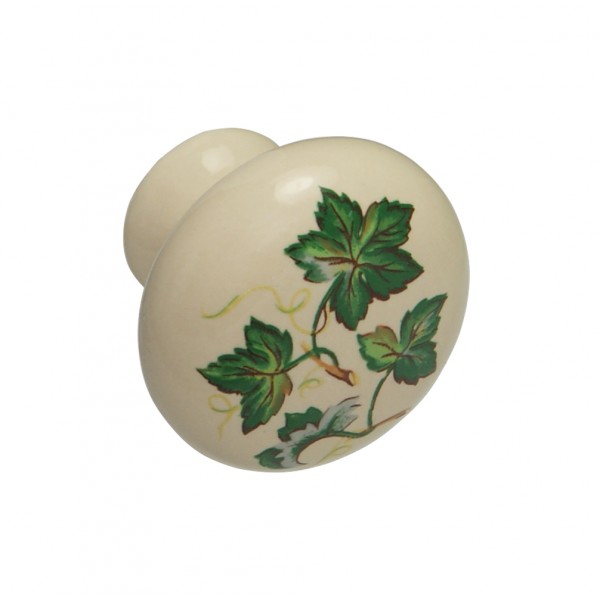 Pomolo d. 30 mm porcellana avorio foglie verdi
