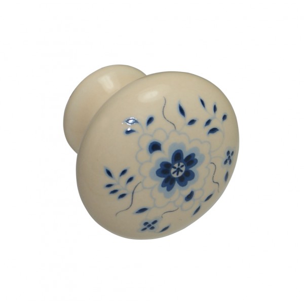 Pomolo d. 25 mm porcellana avorio fiore blu