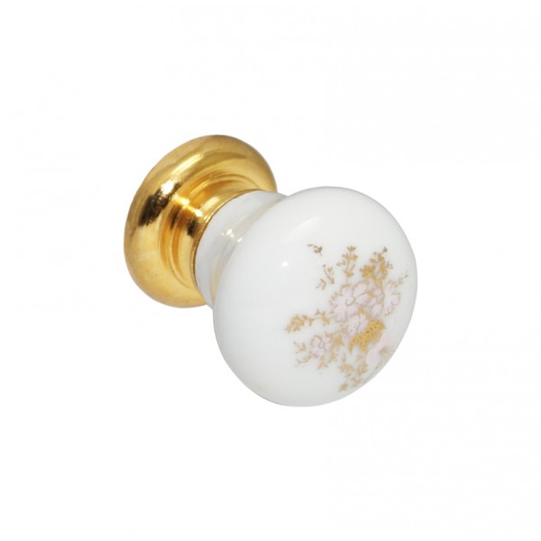Pomolo d. 19 mm oro luc. porc. bianca fiore rosa