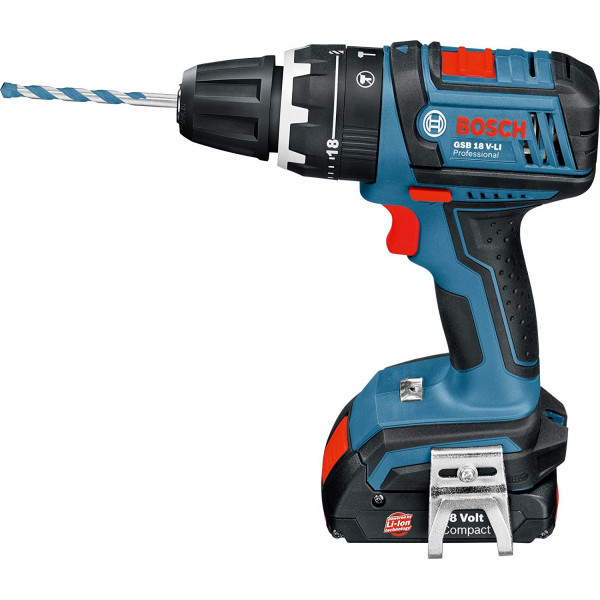 Trapano avvitatore con percussione bosch gsb 18 v-li con valigetta, 2 batterie e accessori