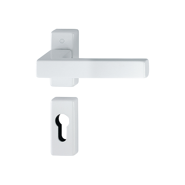 Maniglia hoppe toulon con rosetta e bocchetta rettangolari foro yale 30x69 mm bianco traffico per porte da interni