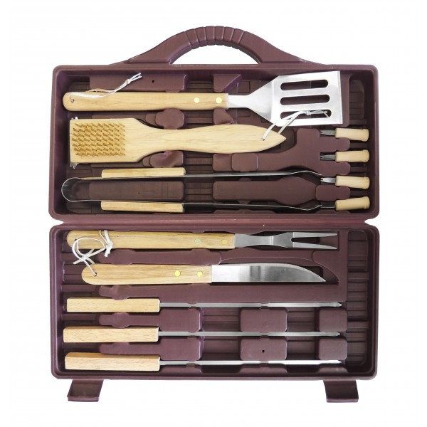 Set 12 utensili accessori per barbecue bbq in metallo / legno + valigetta