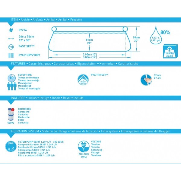 Piscina gonfiabile Bestway 57274 Fast Set Pools 366x366x76 cm
