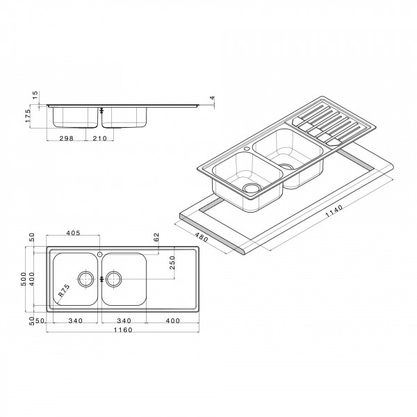 Lavello cucina 2 vasche con gocciolatoio sinistro in acciaio inox apell melodia 116x50 cm