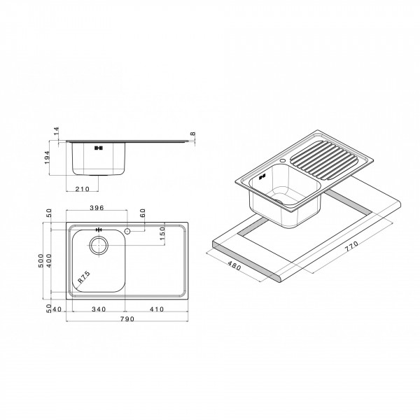 Lavello cucina 1 vasca con gocciolatoio a destra inox Apell Venezia 79x50 cm