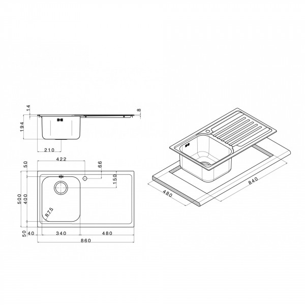 Lavello cucina 1 vasca con gocciolatoio a sinistra inox Apell Venezia 86x50 cm