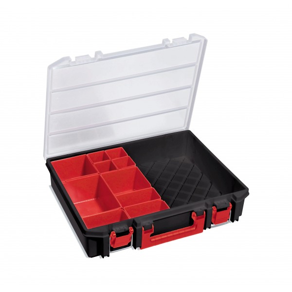 Portaminuterie organizer con fondo nero e scomparti rossi