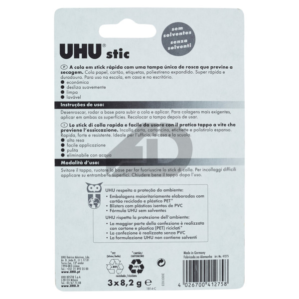 Colla stick trasparente UHU Stic 8 grammi (3 pezzi)