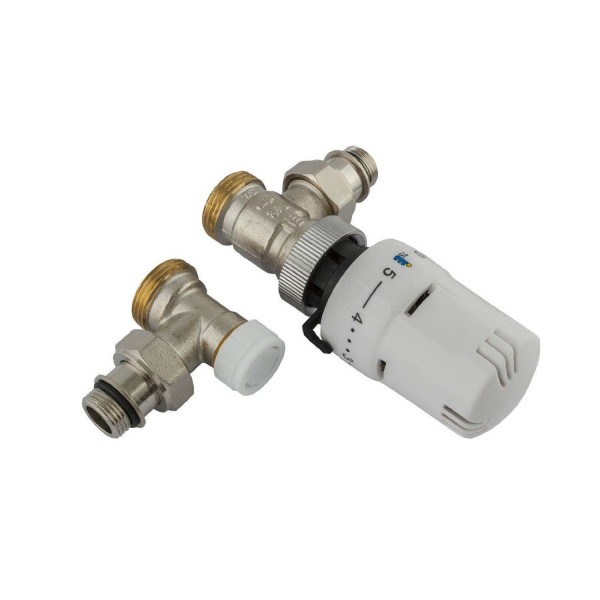 Kit termostatico con valvola + detentore + testa termostatica 1/2“ - 3/4”  bianco 