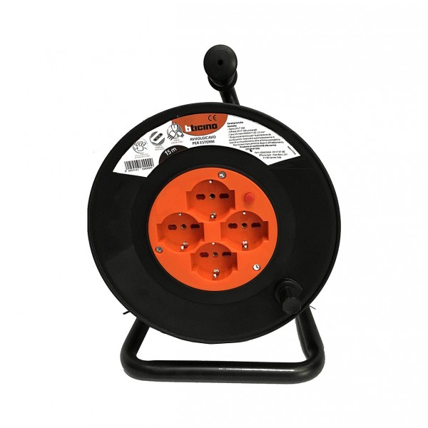 Avvolgicavo elettrico bticino 15 mt cavo 4 prese schuko 10 / 16 a nero/arancio s2515n