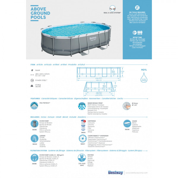 Piscina fuori terra ovale Bestway 56448 Power Steel 488x305x107 cm