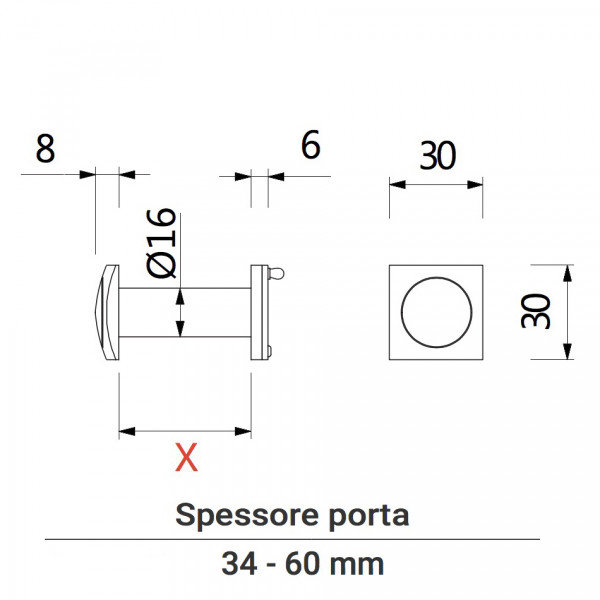 Spioncino quadro 34 - 60 mm q-spy 30x30 cromato satinato
