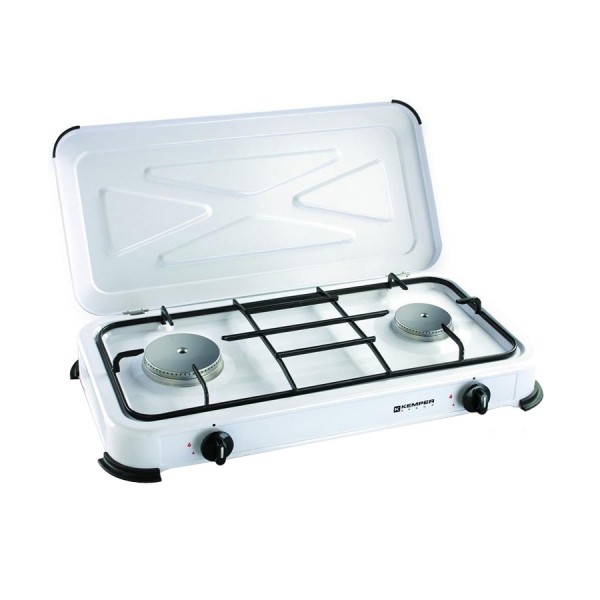 Fornello da campeggio 2 fuochi coperchio smaltato Kemper 104981 bianco