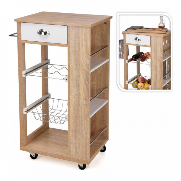 Carrello da cucina 4 ripiani con cassetto e ruote 49 x 37 x 88 cm in mdf color legno e bianco