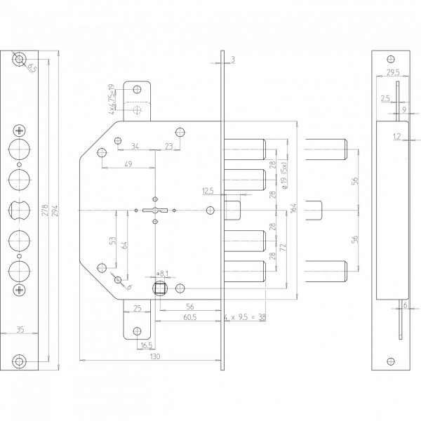 Serratura di sicurezza CR 2151-28 ad infilare triplice per porte blindate