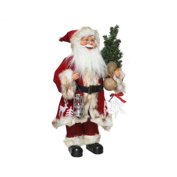 Babbo Natale fisso 45 cm con vestito rosso e bianco decorato e albero