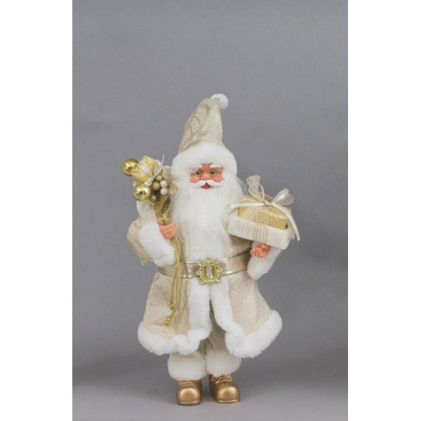 Babbo Natale fisso 40 cm con vestito bianco e oro e sacco con doni