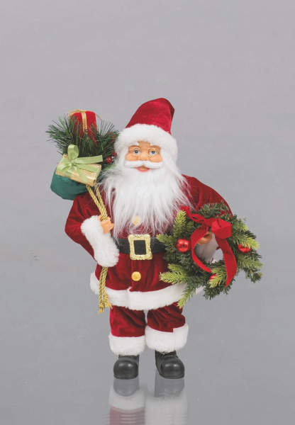 Babbo Natale fisso 40 cm con decorazione corona e sacco doni.