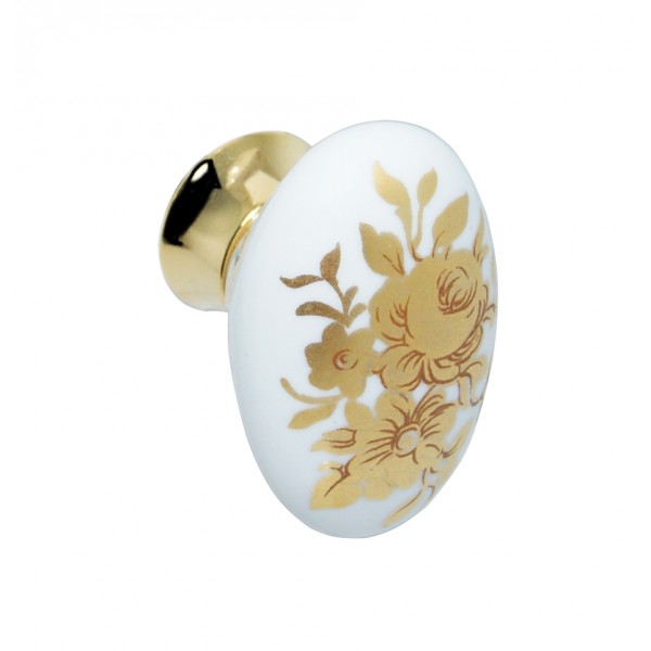 Pomolo 20x33x26 mm porcellana bianca fiore oro